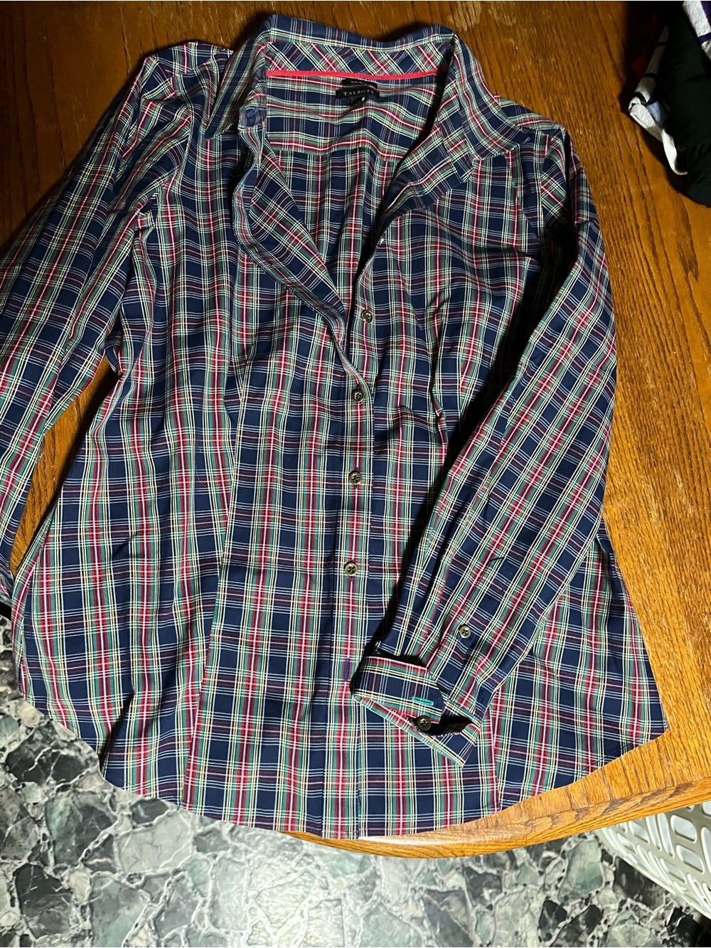 Talbots Navy Plaid Button-Down Shirt with Pink & Green Stripes